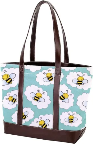Cartoon Yellow Bee Flying Pattern Fashion Leather Purse Bag for Women Top Handle Ladies Shoulder Bags with Pockets Zipper