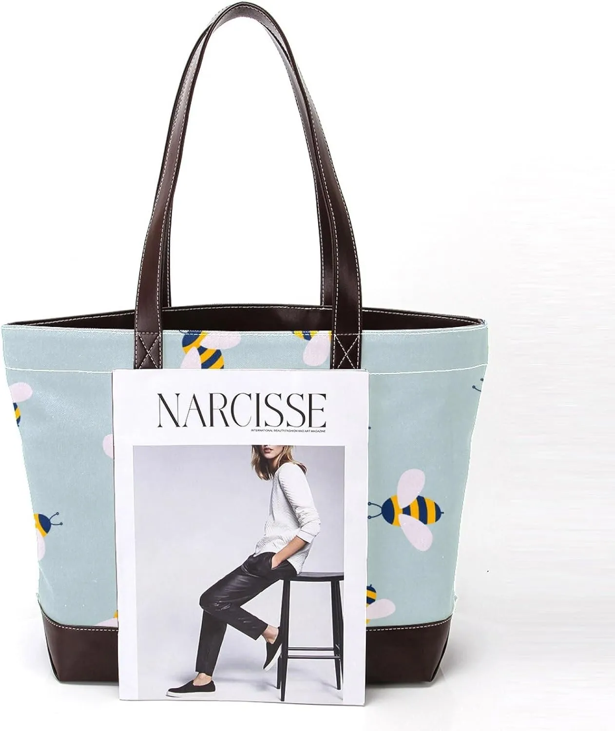 Cartoon Yellow Bee Flying Pattern Fashion Leather Purse Bag for Women Top Handle Ladies Shoulder Bags with Pockets Zipper