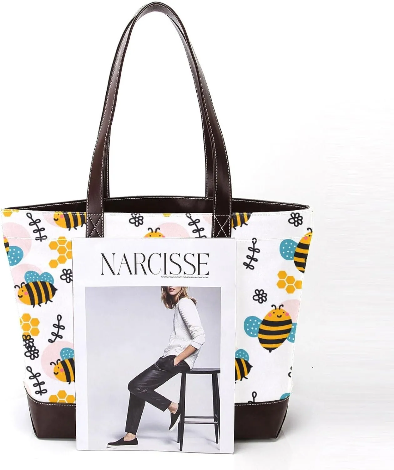 Cartoon Yellow Bee Flying Pattern Fashion Leather Purse Bag for Women Top Handle Ladies Shoulder Bags with Pockets Zipper