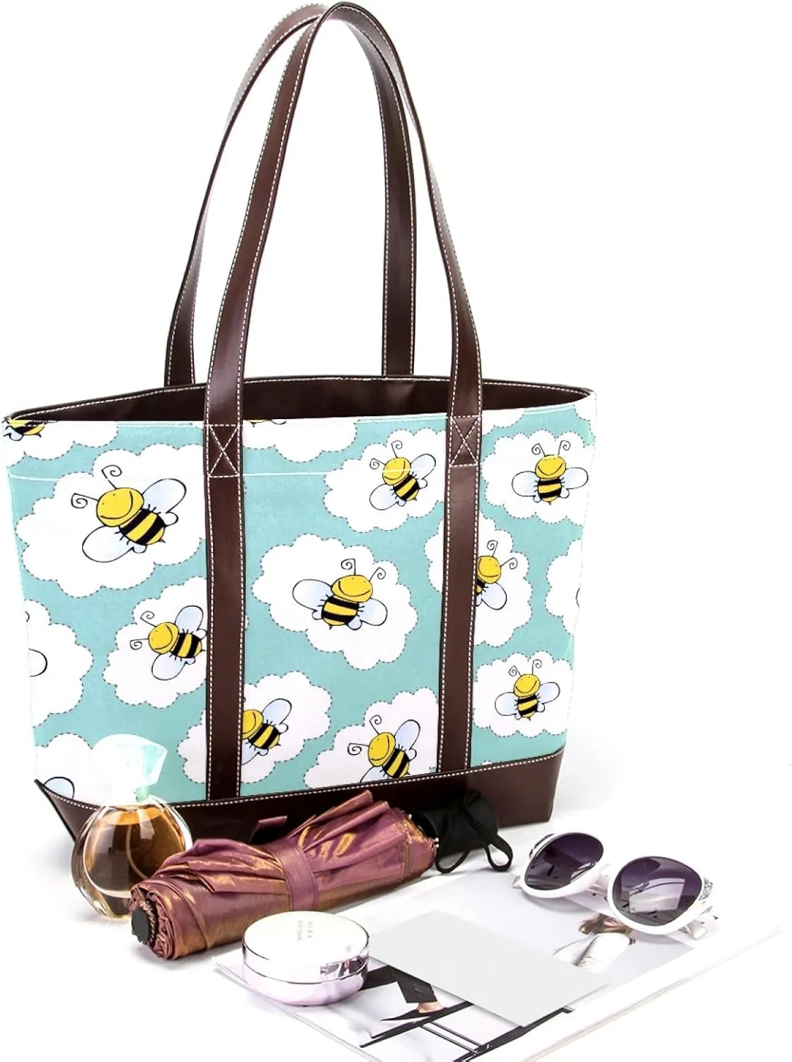 Cartoon Yellow Bee Flying Pattern Fashion Leather Purse Bag for Women Top Handle Ladies Shoulder Bags with Pockets Zipper