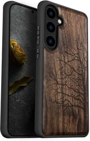 Carveit Wood Case for Galaxy S24 [Natural Wood & Black Soft TPU] Shockproof Protective Cover Unique Wooden Design Compatible with Samsung S24 (Eternal Tree-Walnut)
