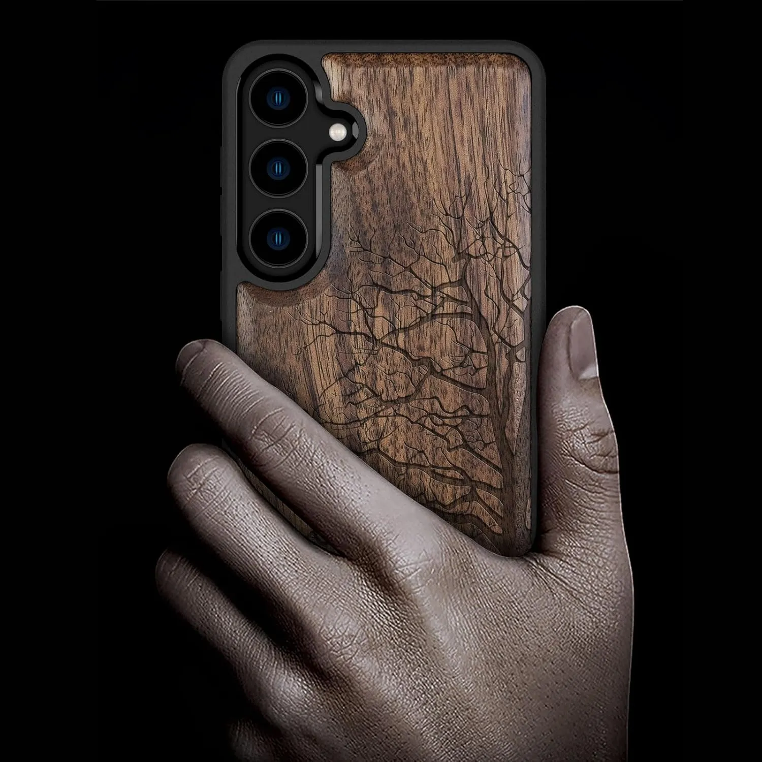 Carveit Wood Case for Galaxy S24 [Natural Wood & Black Soft TPU] Shockproof Protective Cover Unique Wooden Design Compatible with Samsung S24 (Eternal Tree-Walnut)
