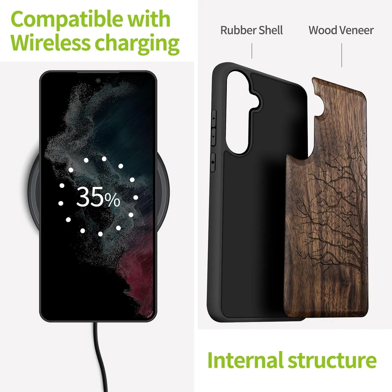 Carveit Wood Case for Galaxy S24 [Natural Wood & Black Soft TPU] Shockproof Protective Cover Unique Wooden Design Compatible with Samsung S24 (Eternal Tree-Walnut)