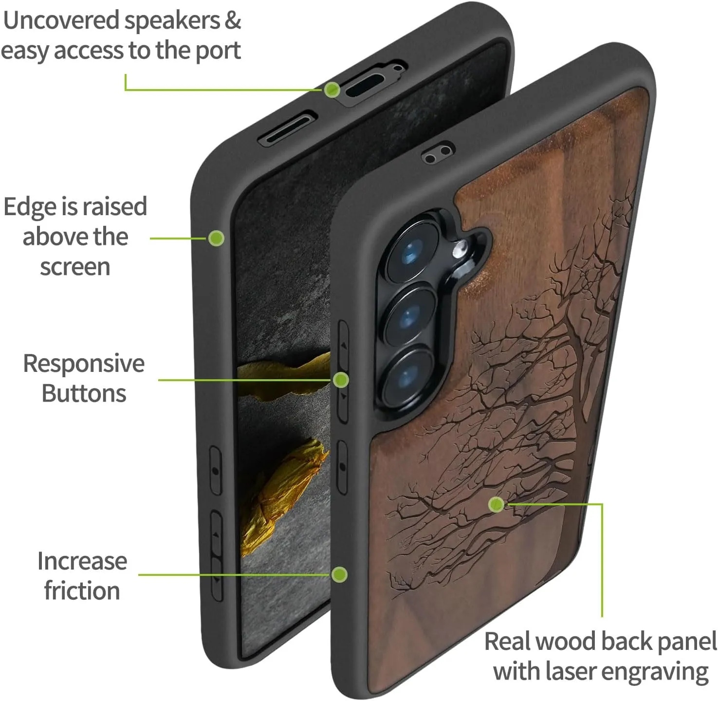 Carveit Wood Case for Galaxy S24 [Natural Wood & Black Soft TPU] Shockproof Protective Cover Unique Wooden Design Compatible with Samsung S24 (Eternal Tree-Walnut)