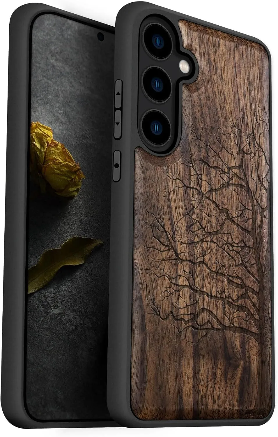 Carveit Wood Case for Galaxy S24 [Natural Wood & Black Soft TPU] Shockproof Protective Cover Unique Wooden Design Compatible with Samsung S24 (Eternal Tree-Walnut)