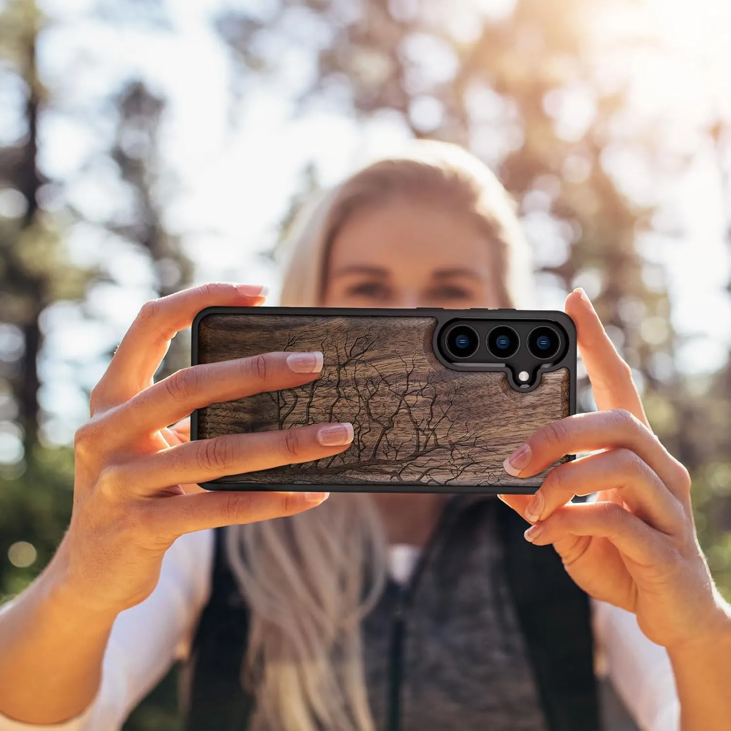 Carveit Wood Case for Galaxy S24 [Natural Wood & Black Soft TPU] Shockproof Protective Cover Unique Wooden Design Compatible with Samsung S24 (Eternal Tree-Walnut)