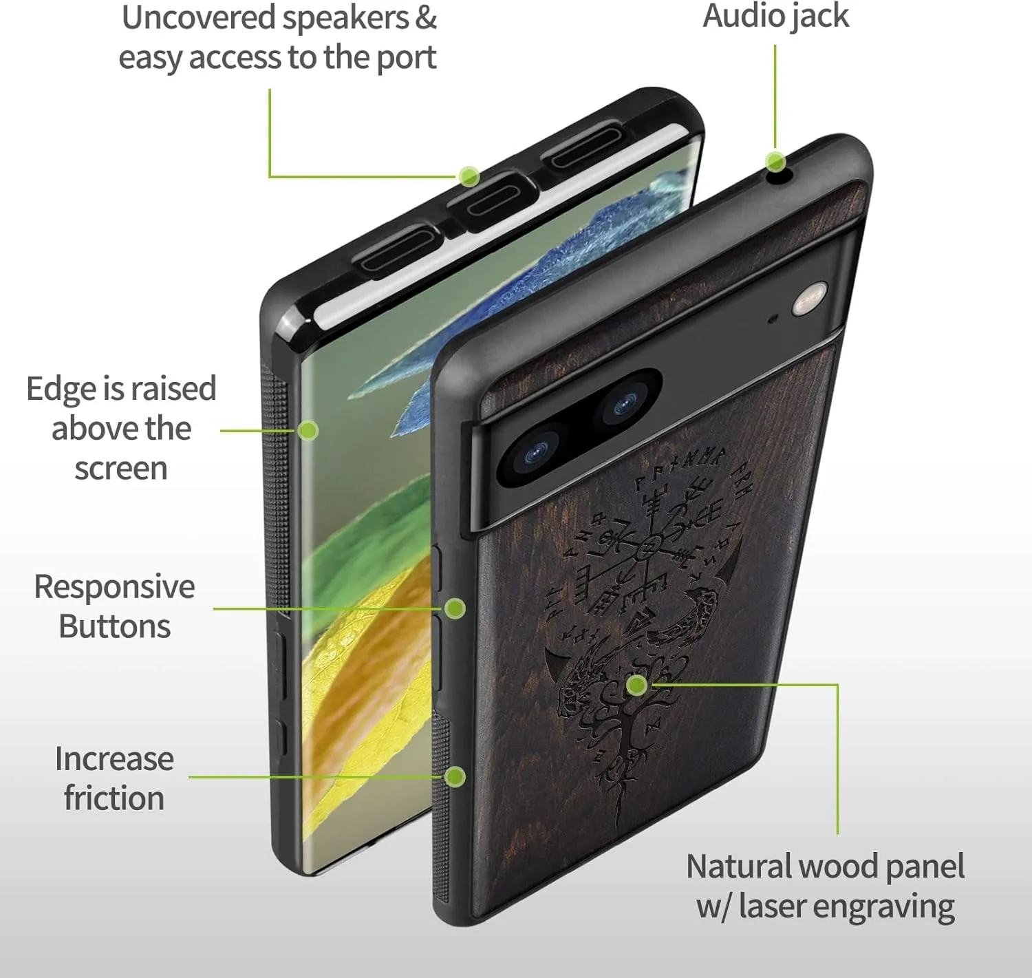 Carveit Wood Case for Pixel 8 - Solid Wood & Black Soft TPU Shockproof Protective Cover - Classic Wooden Case - Compatible with Google Pixel 8 (Viking Compass-Blackwood)