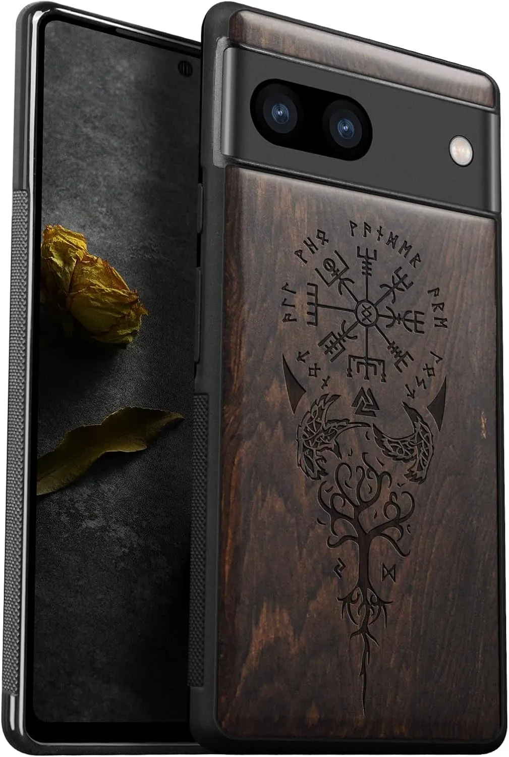 Carveit Wood Case for Pixel 8 - Solid Wood & Black Soft TPU Shockproof Protective Cover - Classic Wooden Case - Compatible with Google Pixel 8 (Viking Compass-Blackwood)