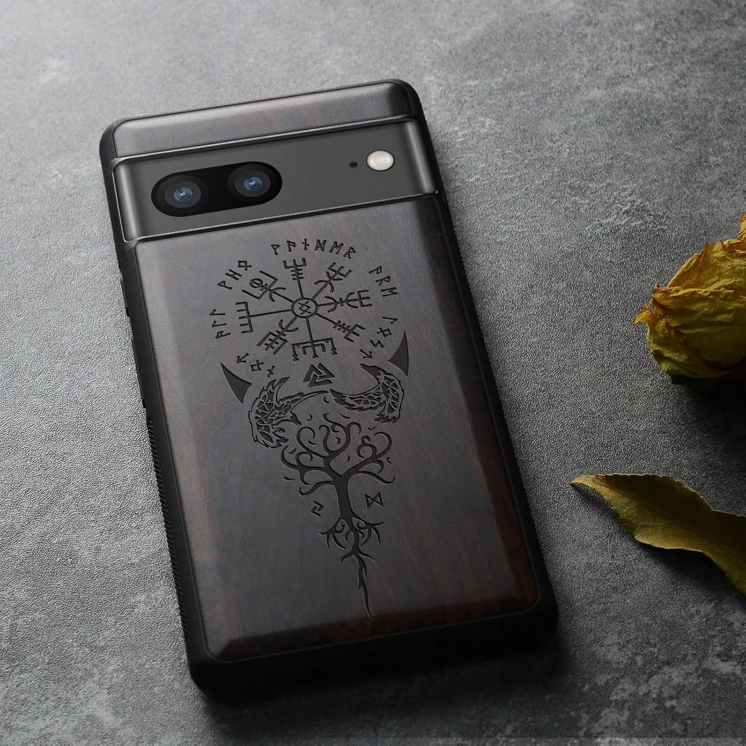 Carveit Wood Case for Pixel 8 - Solid Wood & Black Soft TPU Shockproof Protective Cover - Classic Wooden Case - Compatible with Google Pixel 8 (Viking Compass-Blackwood)