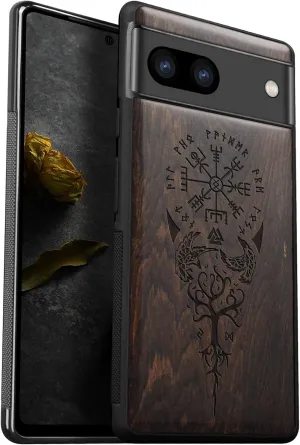 Carveit Wood Case for Pixel 8 - Solid Wood & Black Soft TPU Shockproof Protective Cover - Classic Wooden Case - Compatible with Google Pixel 8 (Viking Compass-Blackwood)