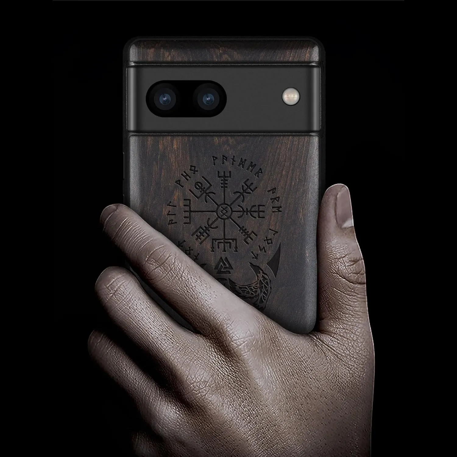 Carveit Wood Case for Pixel 8 - Solid Wood & Black Soft TPU Shockproof Protective Cover - Classic Wooden Case - Compatible with Google Pixel 8 (Viking Compass-Blackwood)