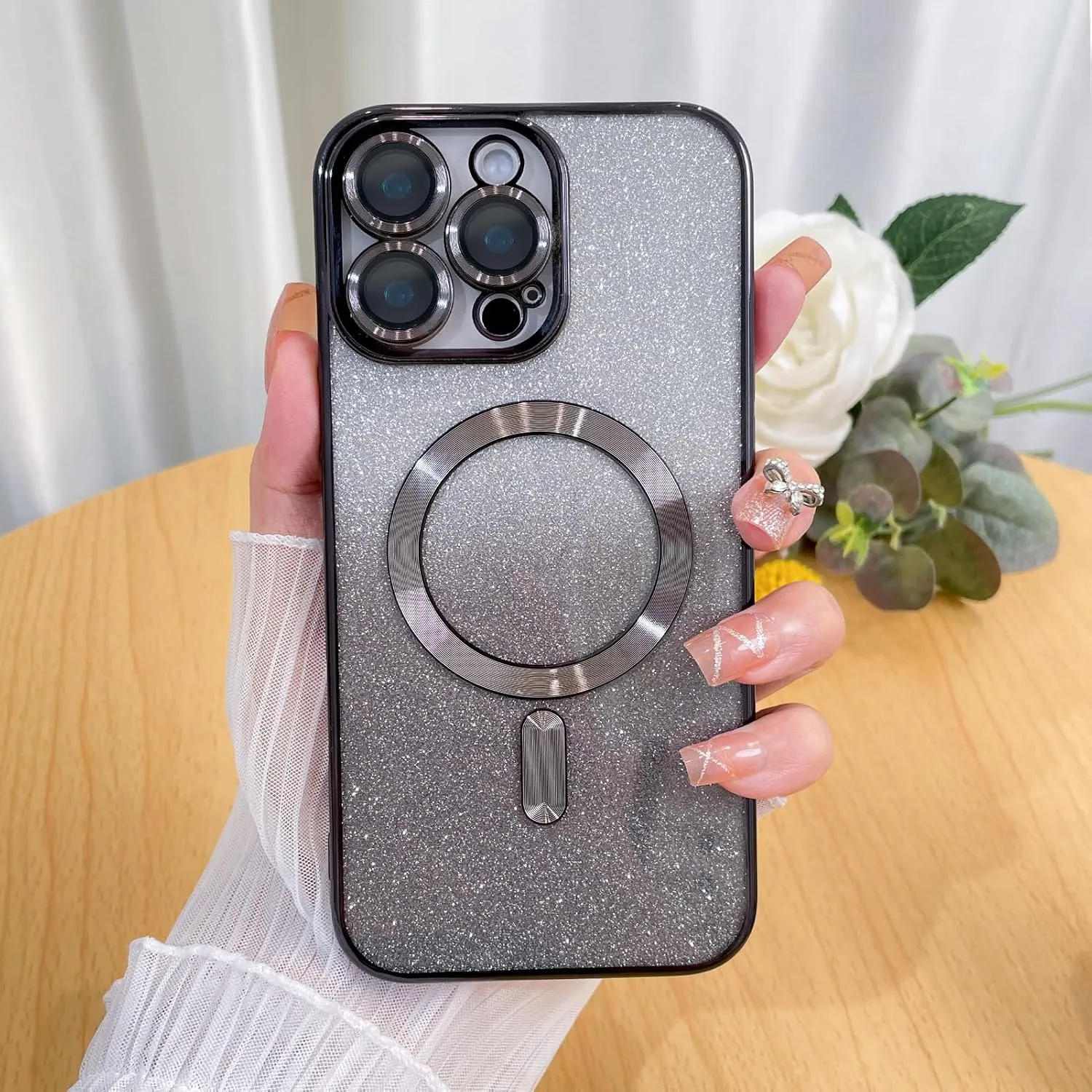 Case Fit for iPhone 16 Pro Max (Compatible with MagSafe) Glitter Bling Case with Camera Lens Protector Soft TPU Shockproof Protection Anti-Scratch Magnetic Phone Cover for Women - Black