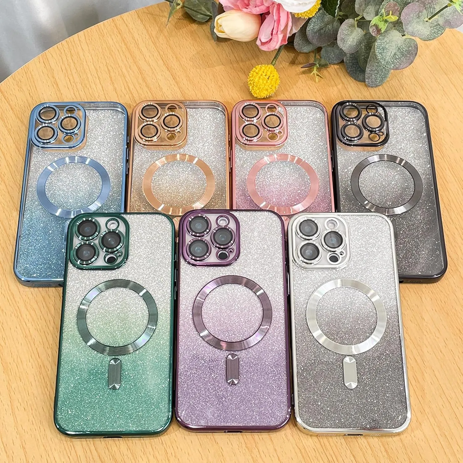 Case Fit for iPhone 16 Pro Max (Compatible with MagSafe) Glitter Bling Case with Camera Lens Protector Soft TPU Shockproof Protection Anti-Scratch Magnetic Phone Cover for Women - Black