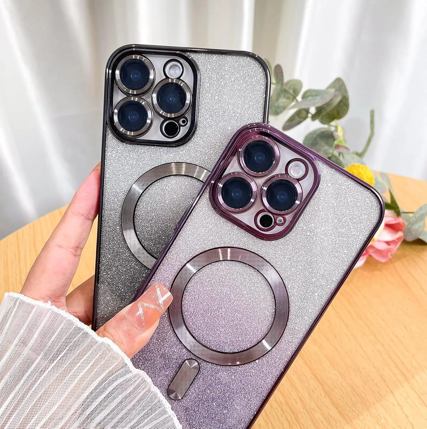 Case Fit for iPhone 16 Pro Max (Compatible with MagSafe) Glitter Bling Case with Camera Lens Protector Soft TPU Shockproof Protection Anti-Scratch Magnetic Phone Cover for Women - Black