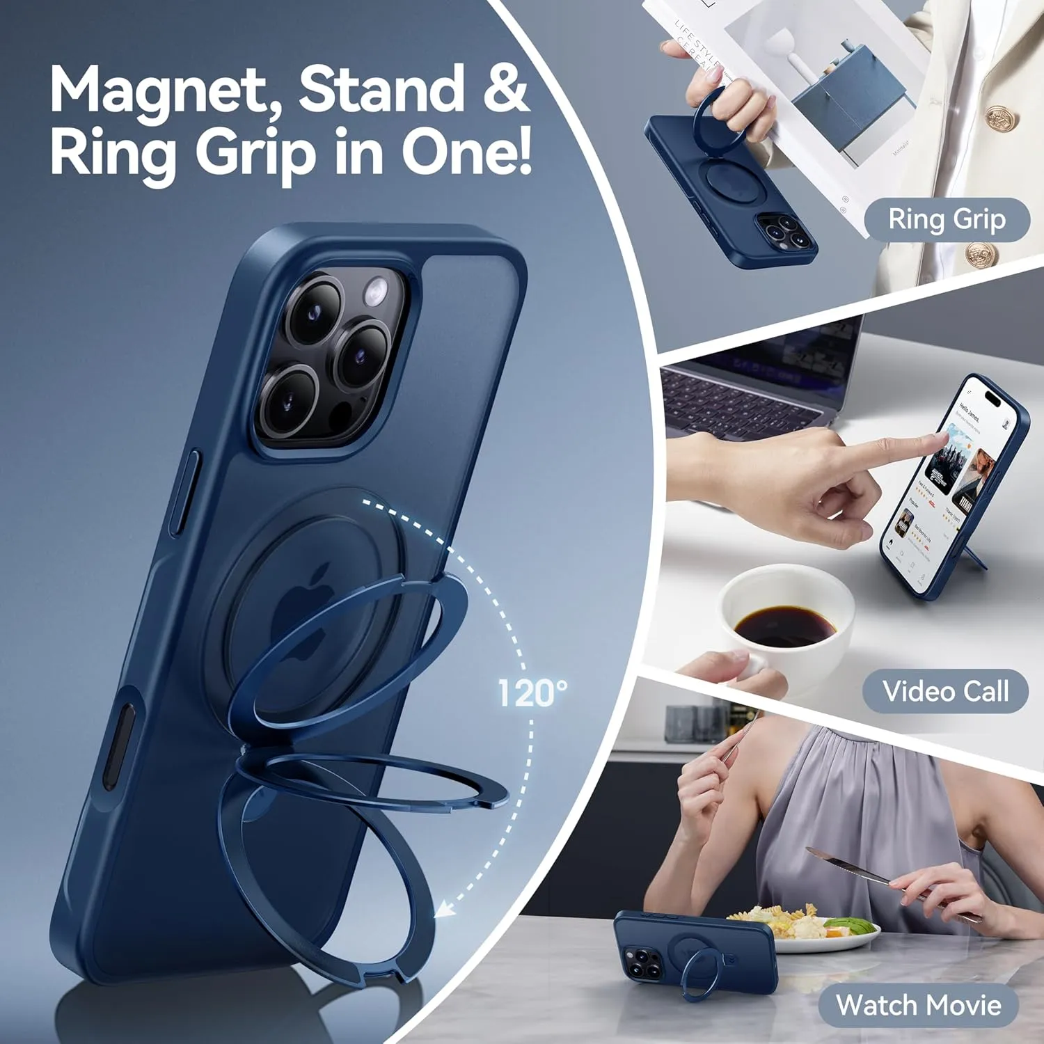 CASEKOO Designed for iPhone 16 Pro Case with Magnetic Invisible Stand [Military Drop Protection] [Compatible with MagSafe] Shockproof Slim Translucent Matte Case 6.3 Inch, Blue