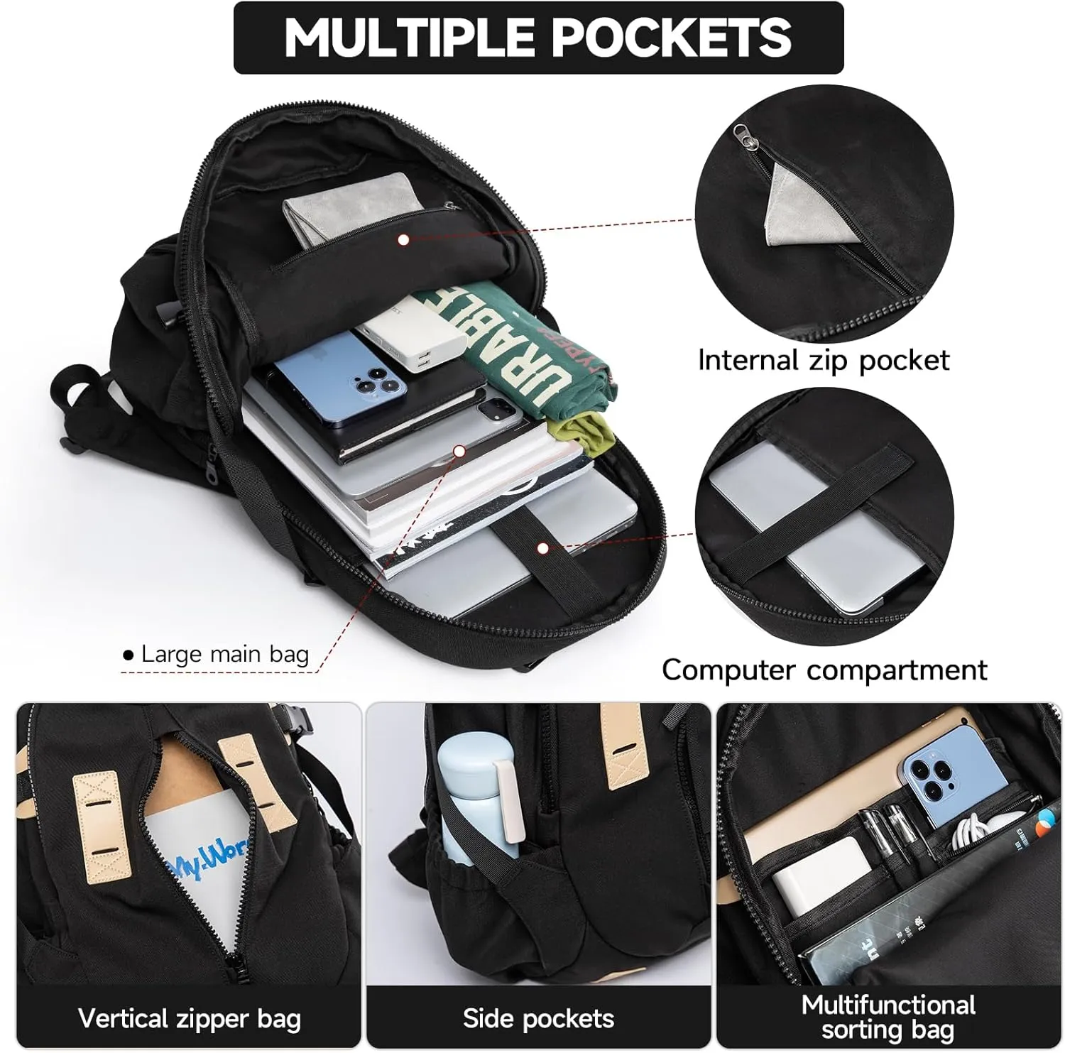 Casual Backpack for Men Women with 15.6 Inch Laptop Compartment, Waterproof Daypack Backpack for College Travel Work Daily Use, Black, 20L