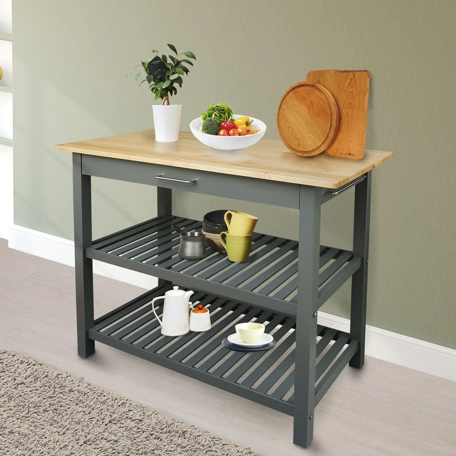 Casual Home Kitchen Island with Solid American Hardwood Top, Slate Gray, 40" W (373-932)