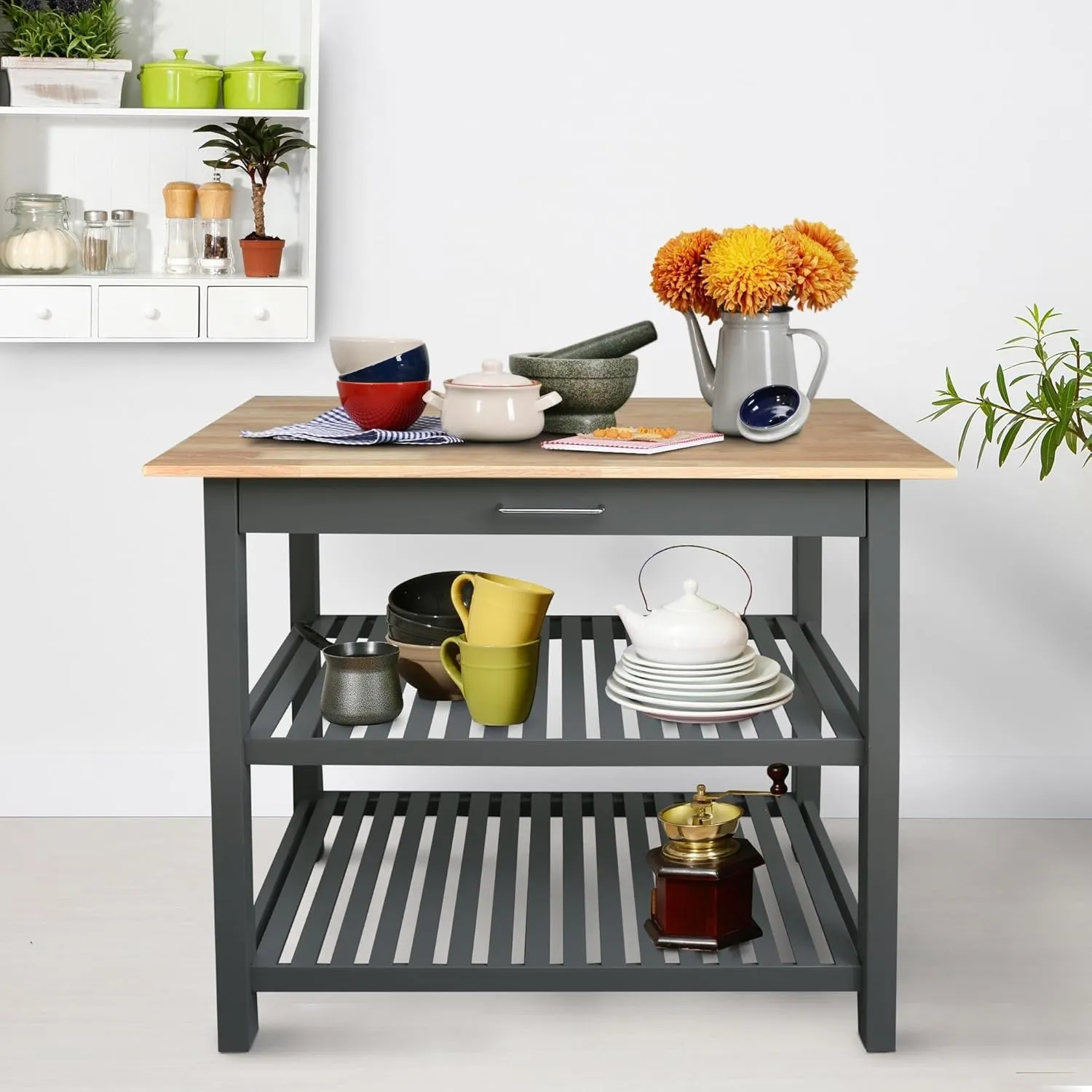 Casual Home Kitchen Island with Solid American Hardwood Top, Slate Gray, 40" W (373-932)