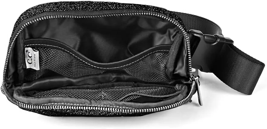 C.C Glitter Tiny Mesh Fanny Pack For Women Unisex - Shimmering Daily Waist Crossbody Belt bag With Adjustable Strap (Black)