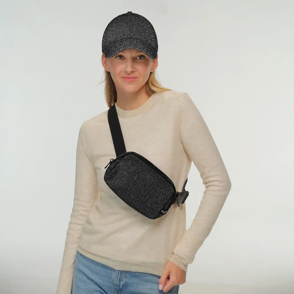 C.C Glitter Tiny Mesh Fanny Pack For Women Unisex - Shimmering Daily Waist Crossbody Belt bag With Adjustable Strap (Black)