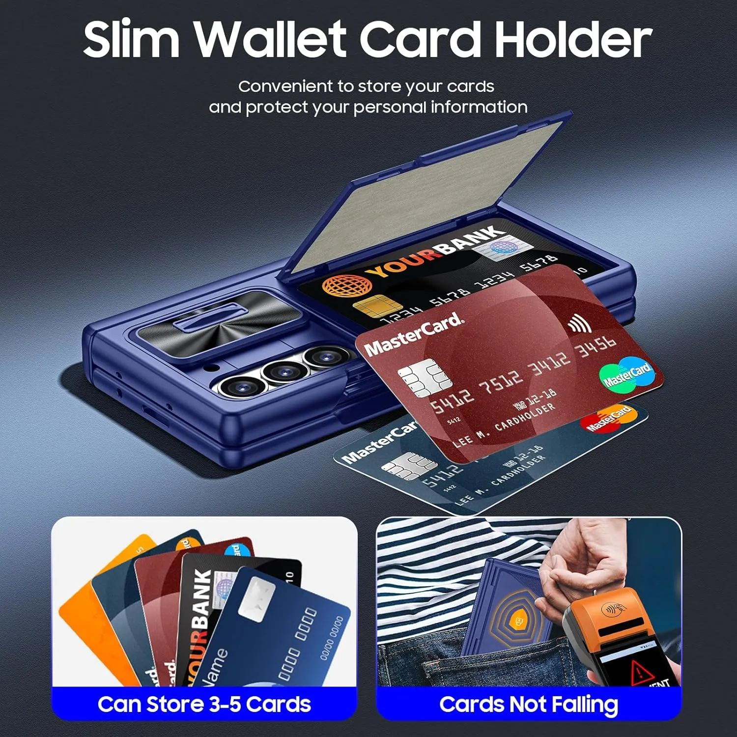 CENMASO for Samsung Galaxy Z Fold 6 Case with Wallet Card Holder & Slide Camera Cover & Hinge Protection & Screen Protector [RFID Blocking] Full-Body Shockproof Protection Case for Z Fold 6-Blue