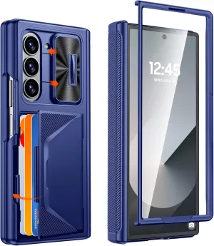 CENMASO for Samsung Galaxy Z Fold 6 Case with Wallet Card Holder & Slide Camera Cover & Hinge Protection & Screen Protector [RFID Blocking] Full-Body Shockproof Protection Case for Z Fold 6-Blue