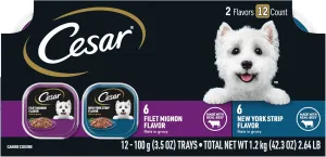 Cesar Filets in Gravy Adult Wet Dog Food, Filet Mignon and New York Strip Flavors Variety Pack, 3.5 oz. (12 Count, Pack of 1)