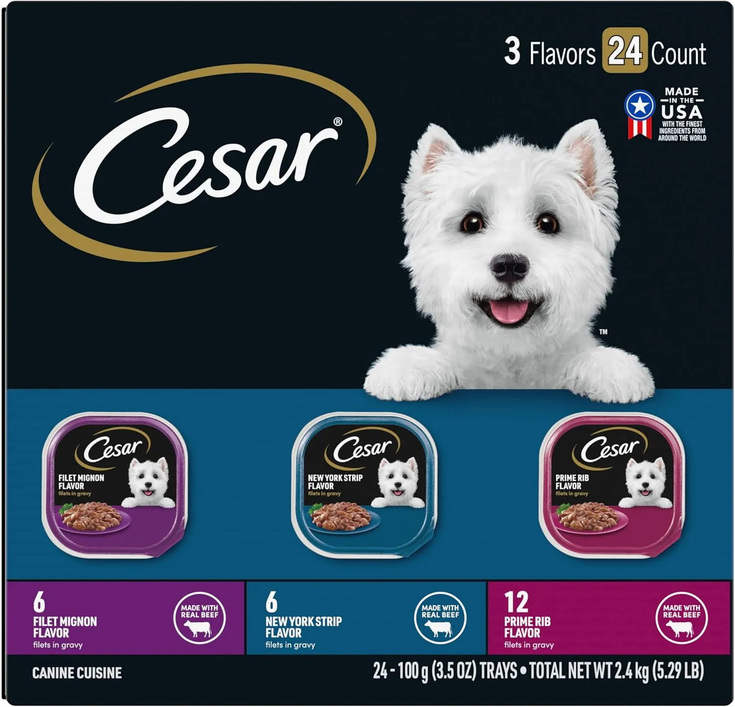 Cesar Filets in Gravy Adult Wet Dog Food, Filet Mignon, New York Strip and Prime Rib Flavors Multipack, 3.5 oz. (24 Count, Pack of 1)