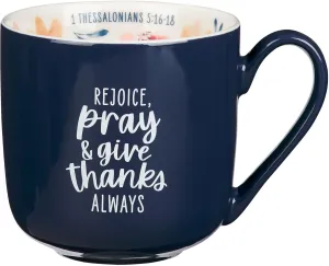 Christian Art Gifts Large Inspirational Ceramic Coffee & Tea Scripture Mug for Women: Rejoice, Pray & Give Thanks Encouraging Bible Verse, Microwave/Dishwasher Safe Cup, Navy & White Multicolor Floral
