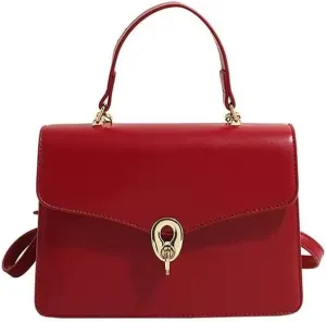 Classic Top Handle Handbag, Red Leather, Gold Hardware, Flap Closure with Lock