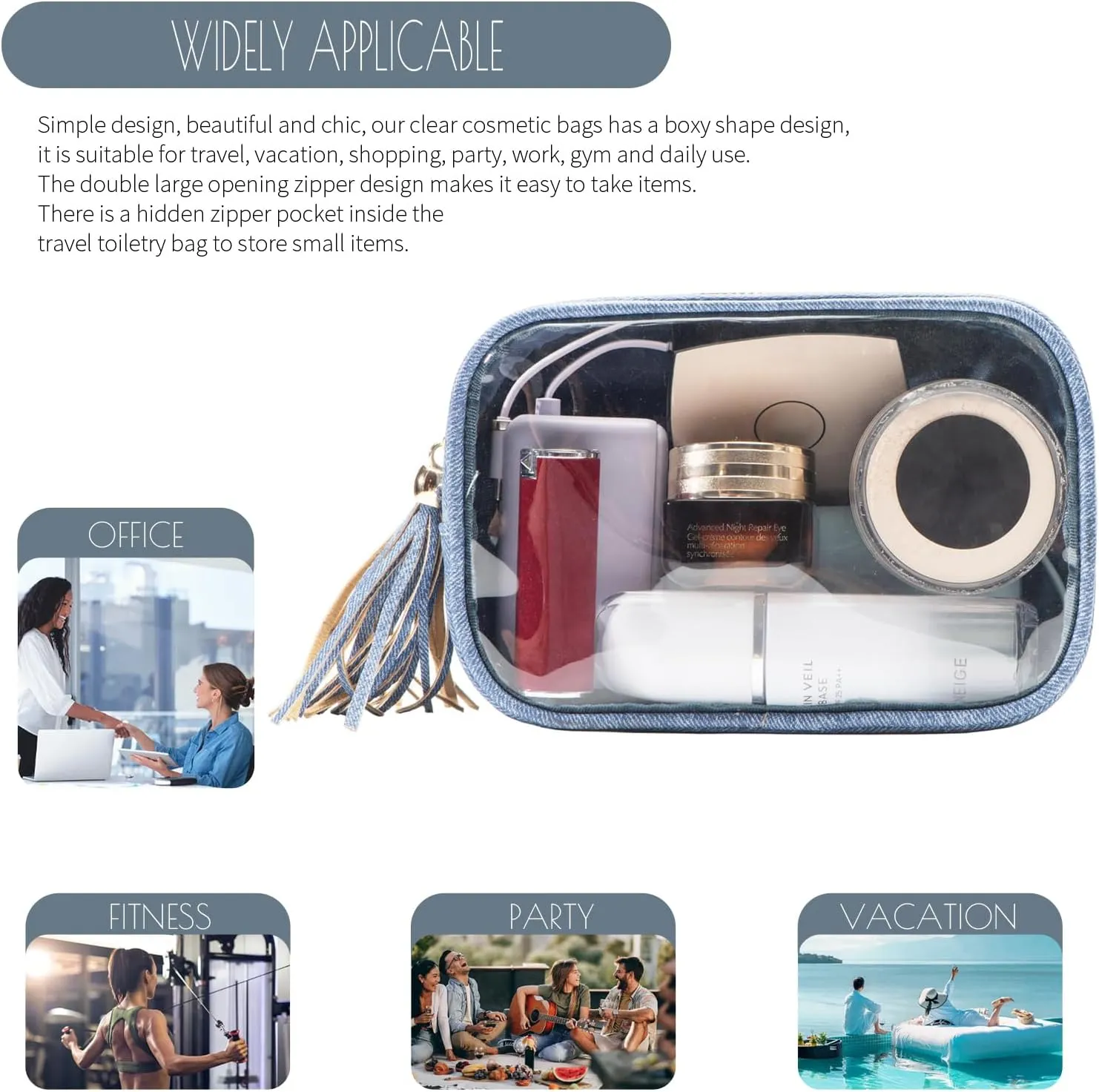 Clear Makeup Bag Organizer for Women, Double Sided Cosmetic Travel Bag with Dual Zippers,PU Leather Waterproof Travel Toiletry Bag Portable Make up Pouch for Home Office (Blue, Medium)