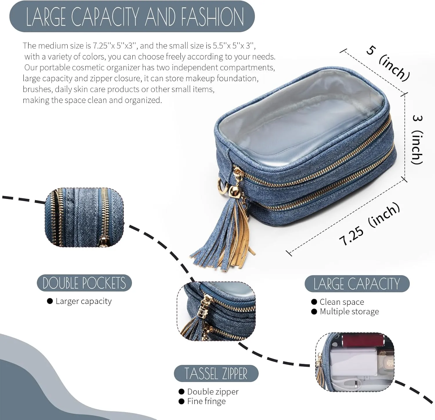Clear Makeup Bag Organizer for Women, Double Sided Cosmetic Travel Bag with Dual Zippers,PU Leather Waterproof Travel Toiletry Bag Portable Make up Pouch for Home Office (Blue, Medium)