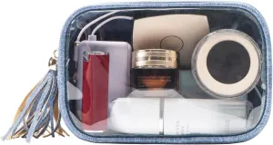Clear Makeup Bag Organizer for Women, Double Sided Cosmetic Travel Bag with Dual Zippers,PU Leather Waterproof Travel Toiletry Bag Portable Make up Pouch for Home Office (Blue, Medium)