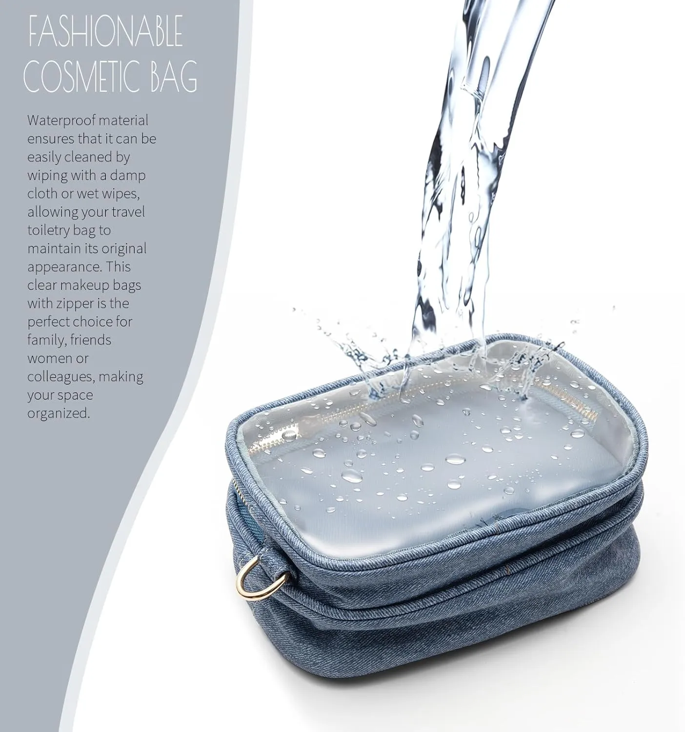 Clear Makeup Bag Organizer for Women, Double Sided Cosmetic Travel Bag with Dual Zippers,PU Leather Waterproof Travel Toiletry Bag Portable Make up Pouch for Home Office (Blue, Medium)