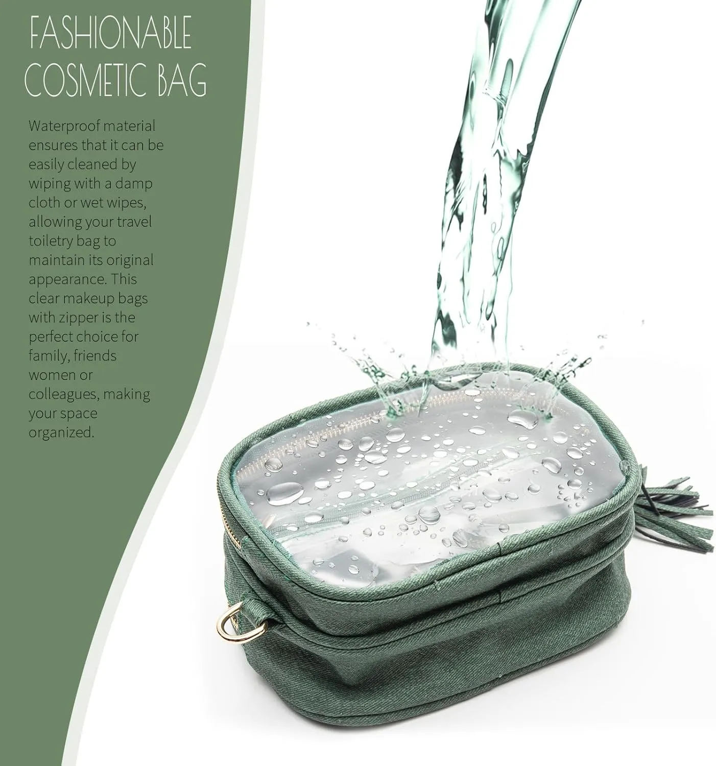 Clear Makeup Bag Organizer for Women, Double Sided Cosmetic Travel Bag with Dual Zippers,PU Leather Waterproof Travel Toiletry Bag Portable Make up Pouch for Home Office (Green, Medium)
