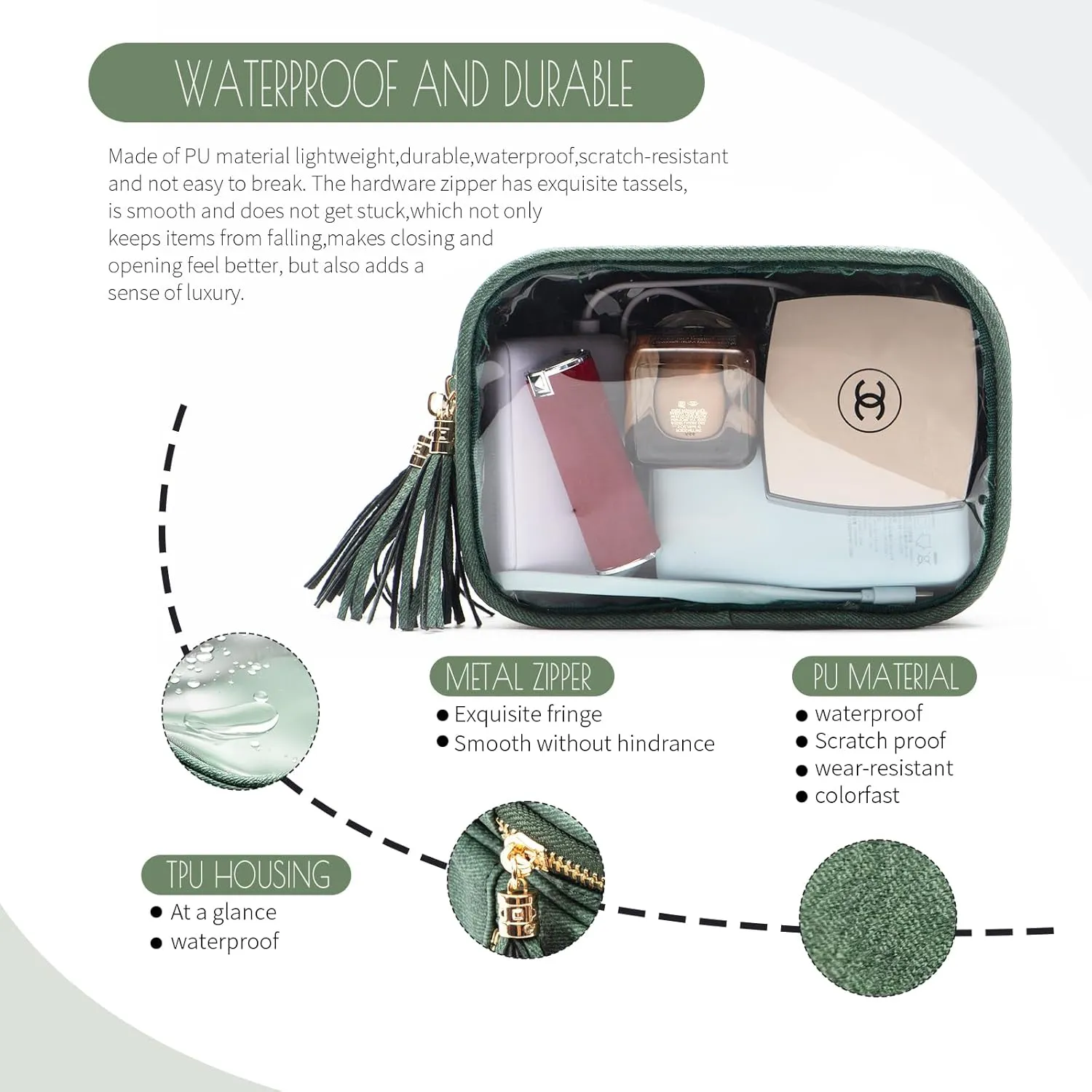 Clear Makeup Bag Organizer for Women, Double Sided Cosmetic Travel Bag with Dual Zippers,PU Leather Waterproof Travel Toiletry Bag Portable Make up Pouch for Home Office (Green, Medium)