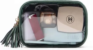 Clear Makeup Bag Organizer for Women, Double Sided Cosmetic Travel Bag with Dual Zippers,PU Leather Waterproof Travel Toiletry Bag Portable Make up Pouch for Home Office (Green, Medium)
