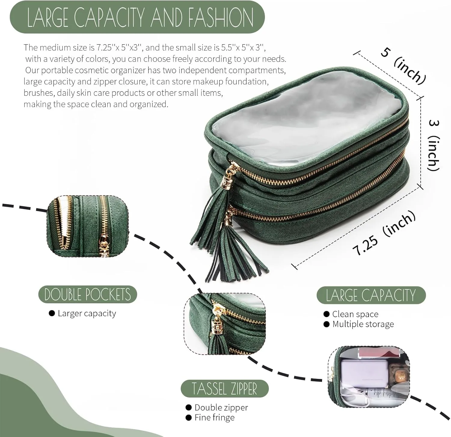 Clear Makeup Bag Organizer for Women, Double Sided Cosmetic Travel Bag with Dual Zippers,PU Leather Waterproof Travel Toiletry Bag Portable Make up Pouch for Home Office (Green, Medium)