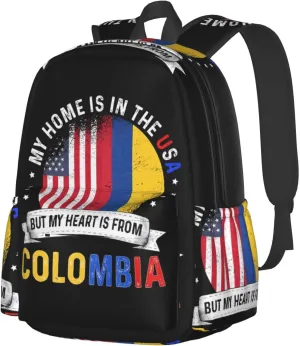 Colombian American Patriot Heart Is From Colombia Flag Laptop Commuter Backpack Shoulder Bag Casual Back Pack Daypack Bags With Side Pockets For Work Travel Daily Use