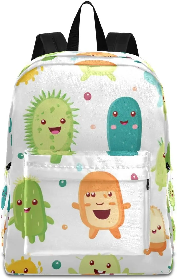 Colorful Cartoon Bacterial Backpack, Travel Rucksack Lightweight School Bookbag Daypack for Adults Teen Students Boys Girls