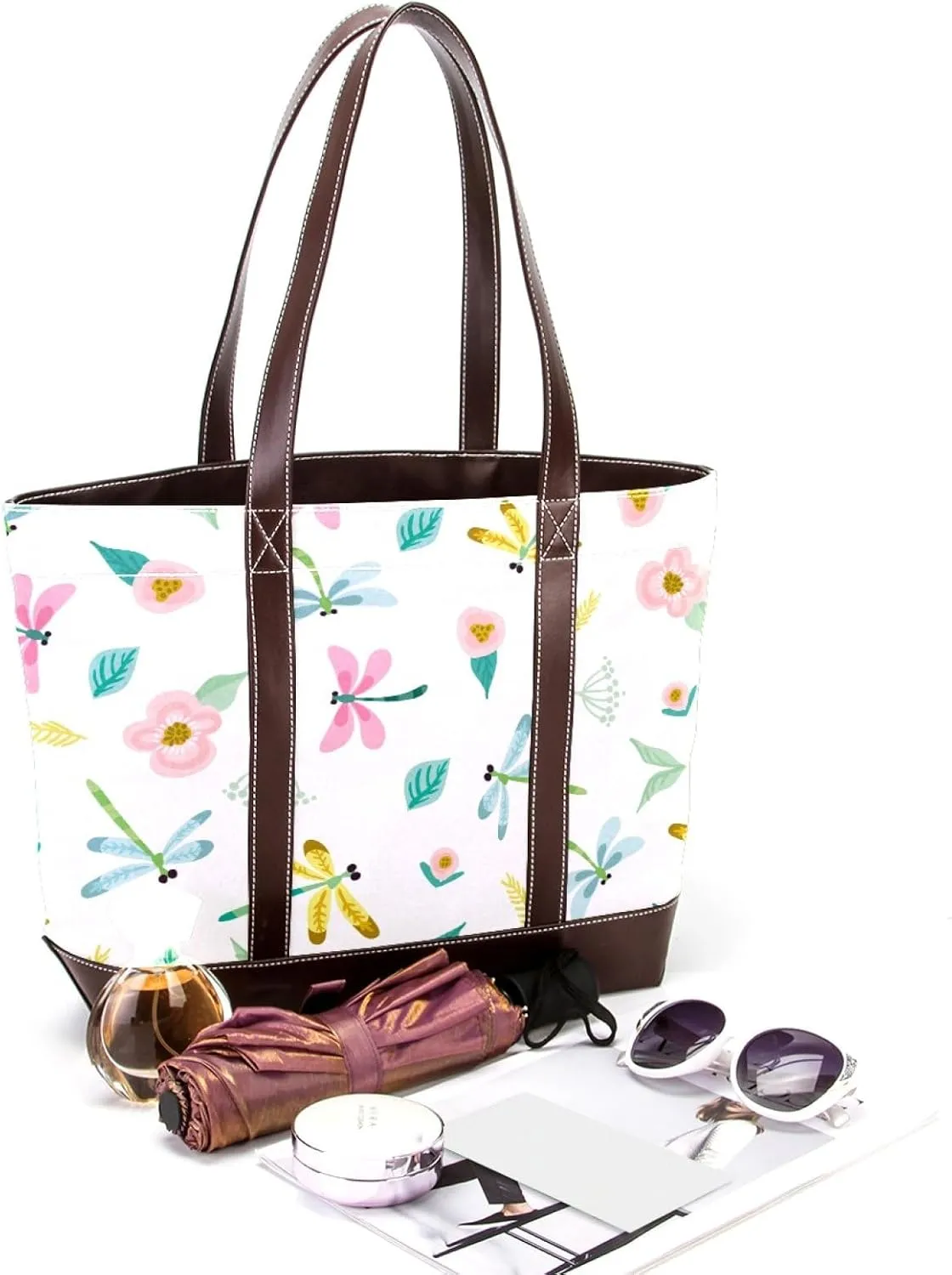 Colorful Dragonfly Shoulder Purses for Women Large Soft Washed Leather Purses and Durable Handbags