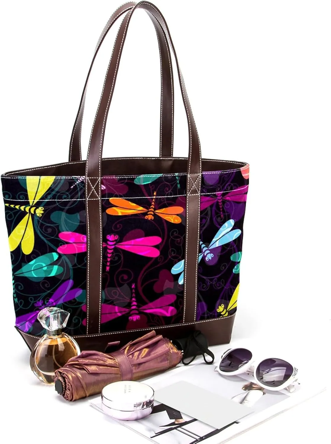Colorful Dragonfly Shoulder Purses for Women Large Soft Washed Leather Purses and Durable Handbags