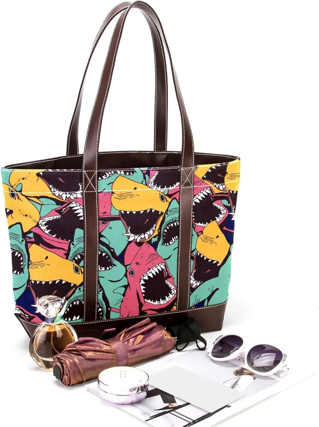 Colorful Ocean Shark Shoulder Purses for Women Large Soft Washed Leather Purses and Durable Handbags