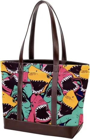 Colorful Ocean Shark Shoulder Purses for Women Large Soft Washed Leather Purses and Durable Handbags