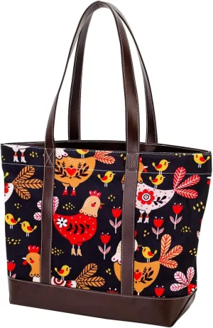 Colorful Rooster Chicken Fashion Leather Purse Bag for Women Top Handle Ladies Shoulder Bags with Pockets Zipper
