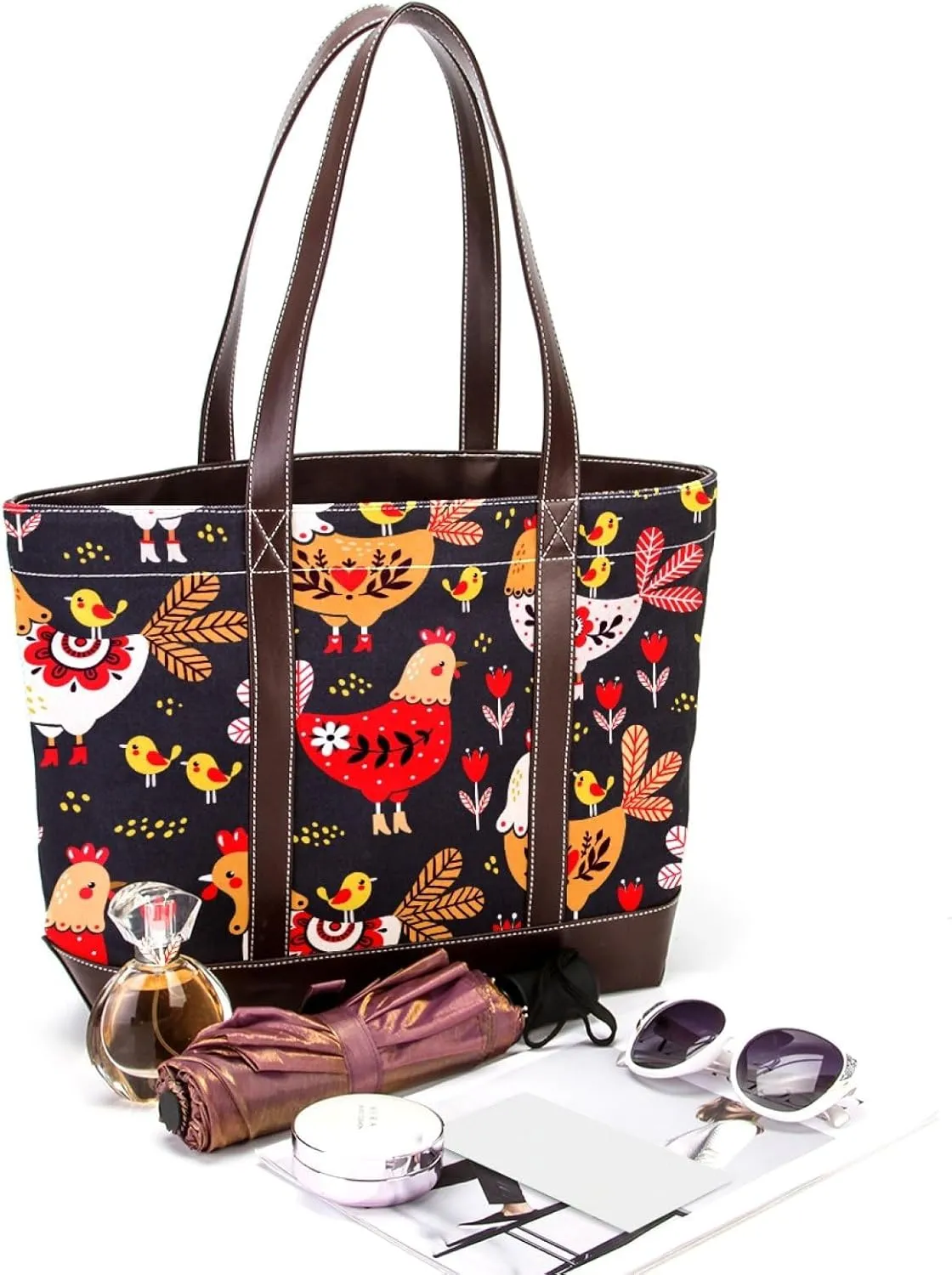 Colorful Rooster Chicken Fashion Leather Purse Bag for Women Top Handle Ladies Shoulder Bags with Pockets Zipper