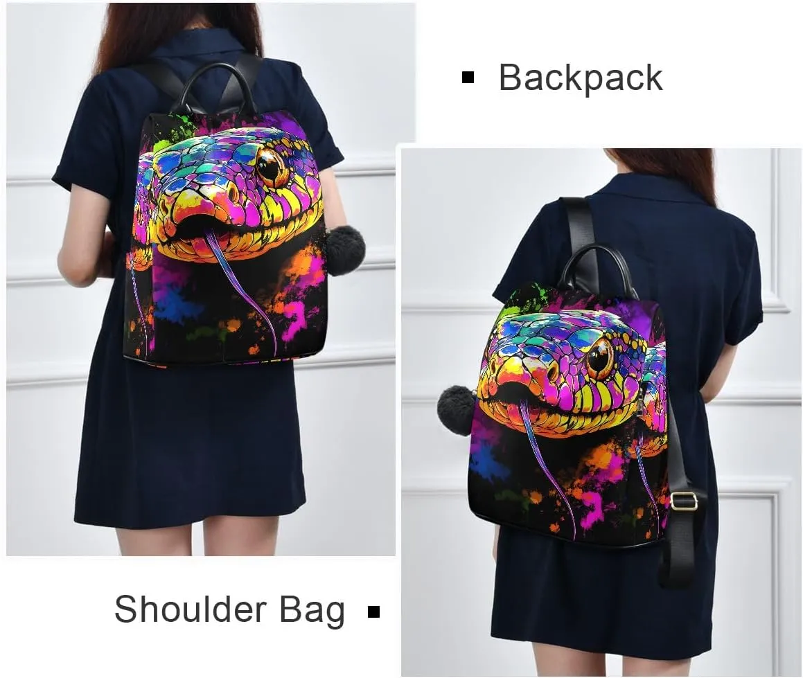 Colorful Snake Head Women Backpack Purse Anti Theft Design Travel Hiking Camping Rucksack Pack