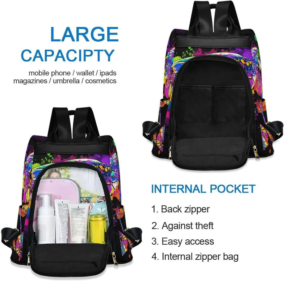 Colorful Snake Head Women Backpack Purse Anti Theft Design Travel Hiking Camping Rucksack Pack