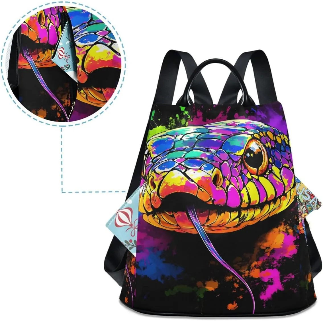 Colorful Snake Head Women Backpack Purse Anti Theft Design Travel Hiking Camping Rucksack Pack