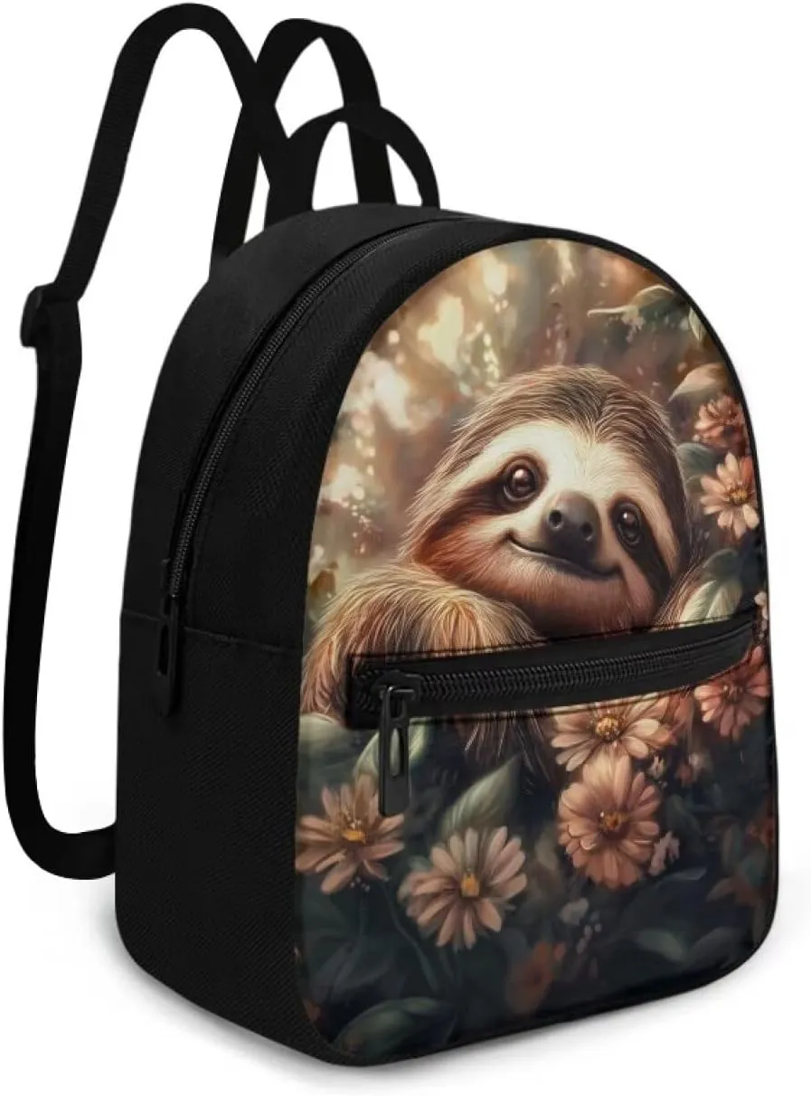 Compact Backpack for Women Cute Sloth Floral Mini Shoulder Bag, Durable Polyester Daypack Fits Travel Casual Rucksack